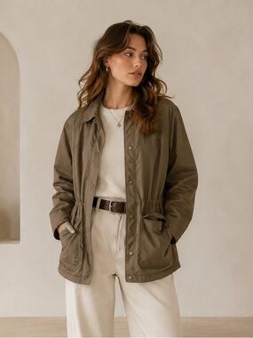 Woolrich Women's Utility Jacket Size Large Taupe Lightweight Snap Front Coat